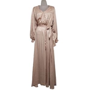 Aura Silky Maxi Dress Long Sleeve Belted Pinky Beige Nwt Gown small